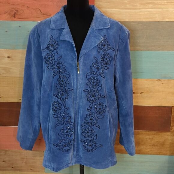 1X 100% leather blue beaded Nolan Miller zip up jacket - Picture 1 of 9
